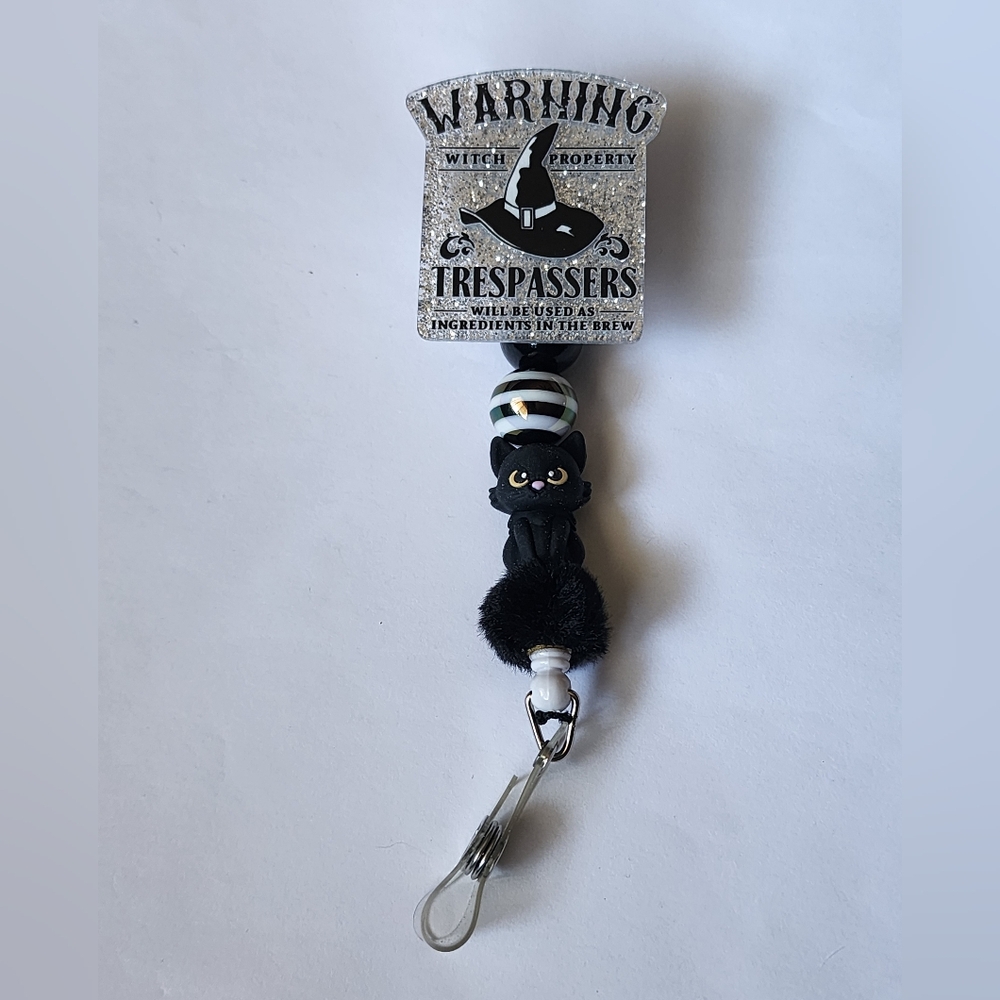Witch Badge Reel Alligator Clip Black Cat Halloween Silver Black‎ Badge Holder - Picture 2 of 3